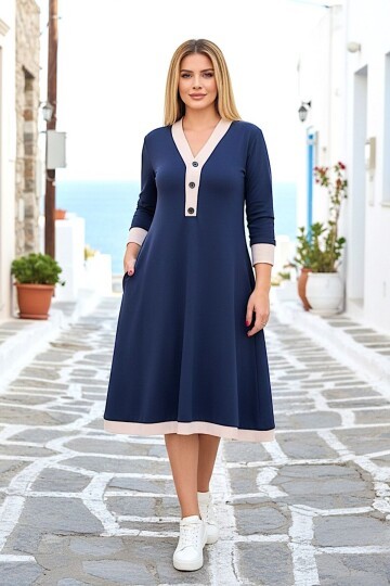 V267 Lacivert Göğüse Kadar Düğmeli Oysho Elbise