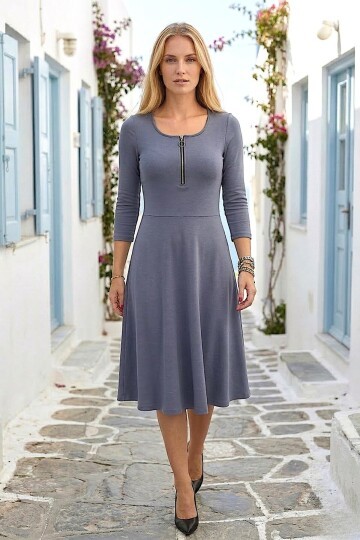 V289 Gri Göğüs Fermuar Detaylı Eteği Fırfırlı Oysho Elbise