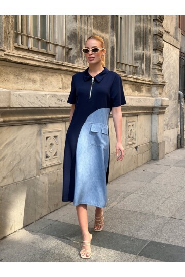 V291 Laci Fermuarlı Yarı Oysho Yarı Tensel Elbise