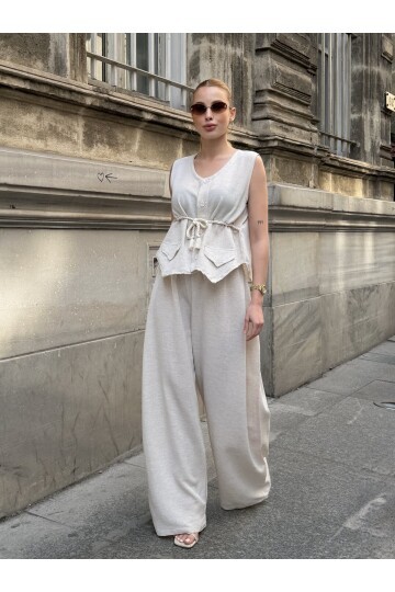 V416 Askılı Yanları Halat Detaylı Gömlek Keten Takım
