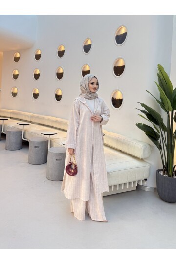 V428 Pembe Çizgili Kapuşonlu Keten Takım