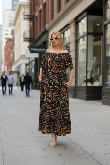 V136 Madonna Yaka Kısa Kol Ekonomik Elbise