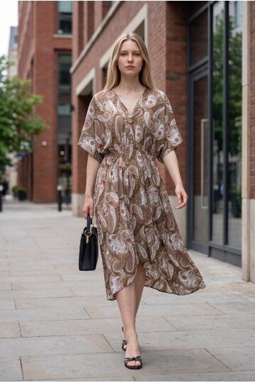 V161 Ön Arka V Yaka Yalancı Düğmeli Kısa Kol Elbise
