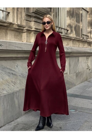 V235 Bordo Fermuarlı Uzun Kol Elbise