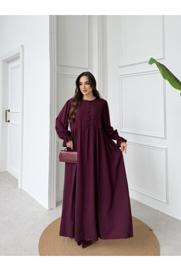 V279 Bordo Yakadan Göğüse Kadar Boncuk Düğme Detaylı Tesettür Elbise