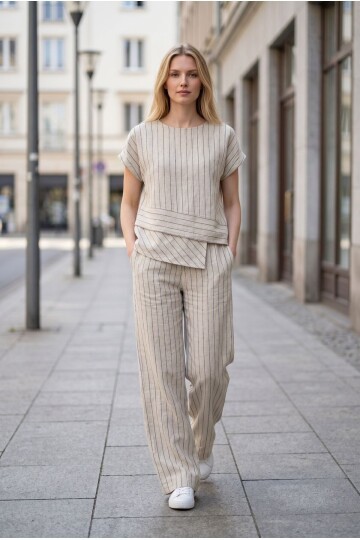 V426 Mavi Çizgili Keten Takım