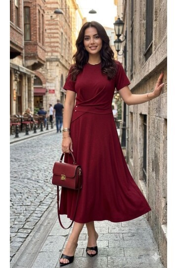 V504 Bordo Kendiliğinden Kemerli Uzun Boy Oysho Elbise